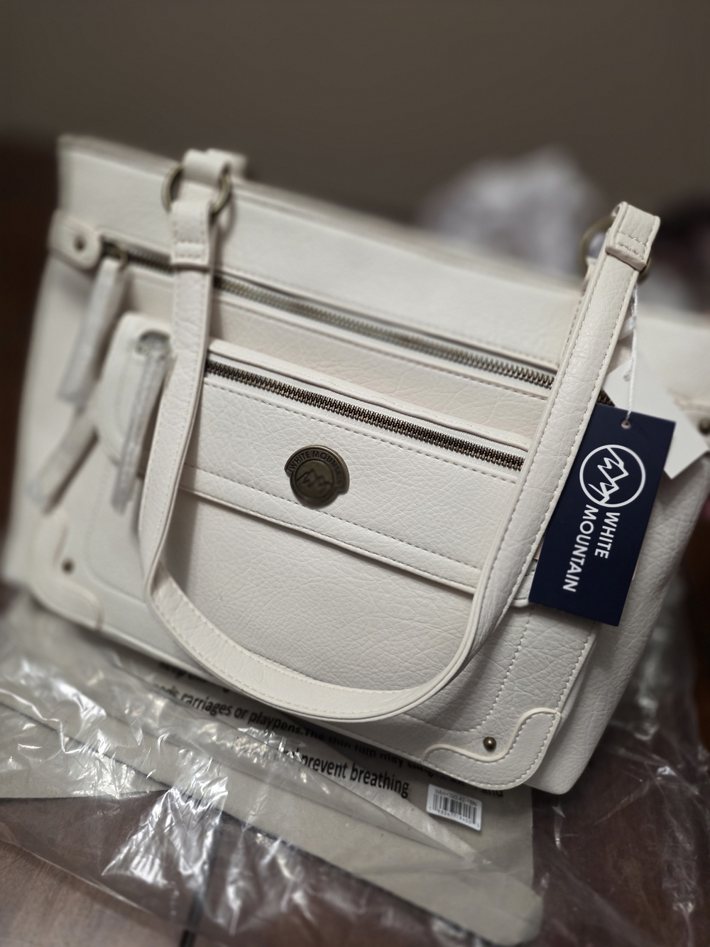 White Mountain Cream Shoulder Bag with Brown Logo-Lined Interior